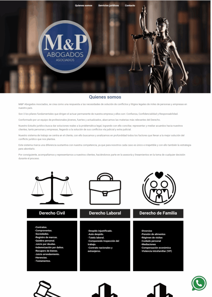 Captura de pantalla del sitio web estilo One Page desarrollado para el estudio de abogados M&P Abogados, mostrando sus áreas de práctica como Derecho Civil, Laboral y de Familia.
