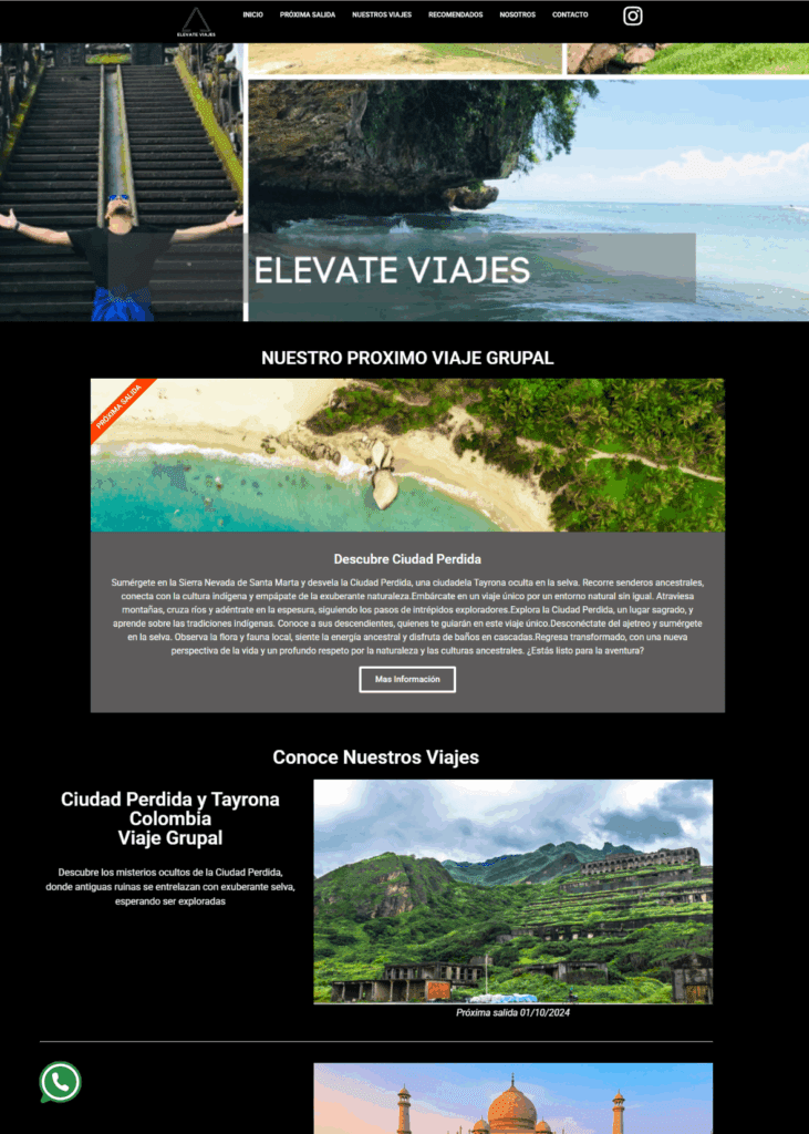 Captura de pantalla del sitio web de la agencia de viajes "Elevate Viajes", un proyecto realizado con nuestro Plan Clásico que muestra sus destinos y viajes grupales.