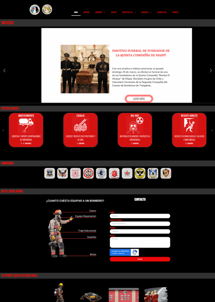 Captura de pantalla del sitio web diseñado para la Cuerpo de Bomberos de Maipú, un ejemplo de nuestro servicio de Plan Personalizado en la sección de proyectos destacados.