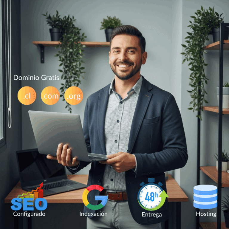 Hombre profesional sonriente en oficina mostrando en su laptop los servicios de diseño web: dominio gratis, SEO configurado, indexación en Google y hosting